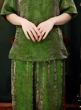 绿色浮光锦大气裤子上衣套装柜子款