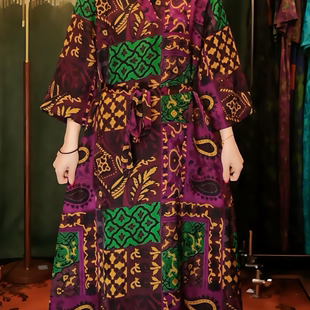 九重紫 民族艺术色彩百家布早秋新款大气高端定制连衣裙长袖中袖