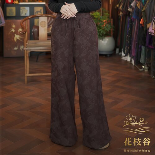 闲庭叙白（咖色）秋冬新中式系带提花长裤33-765