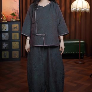 举世无双（墨绿色）新中式宽松上衣裤子七分袖老料国风女装两件套