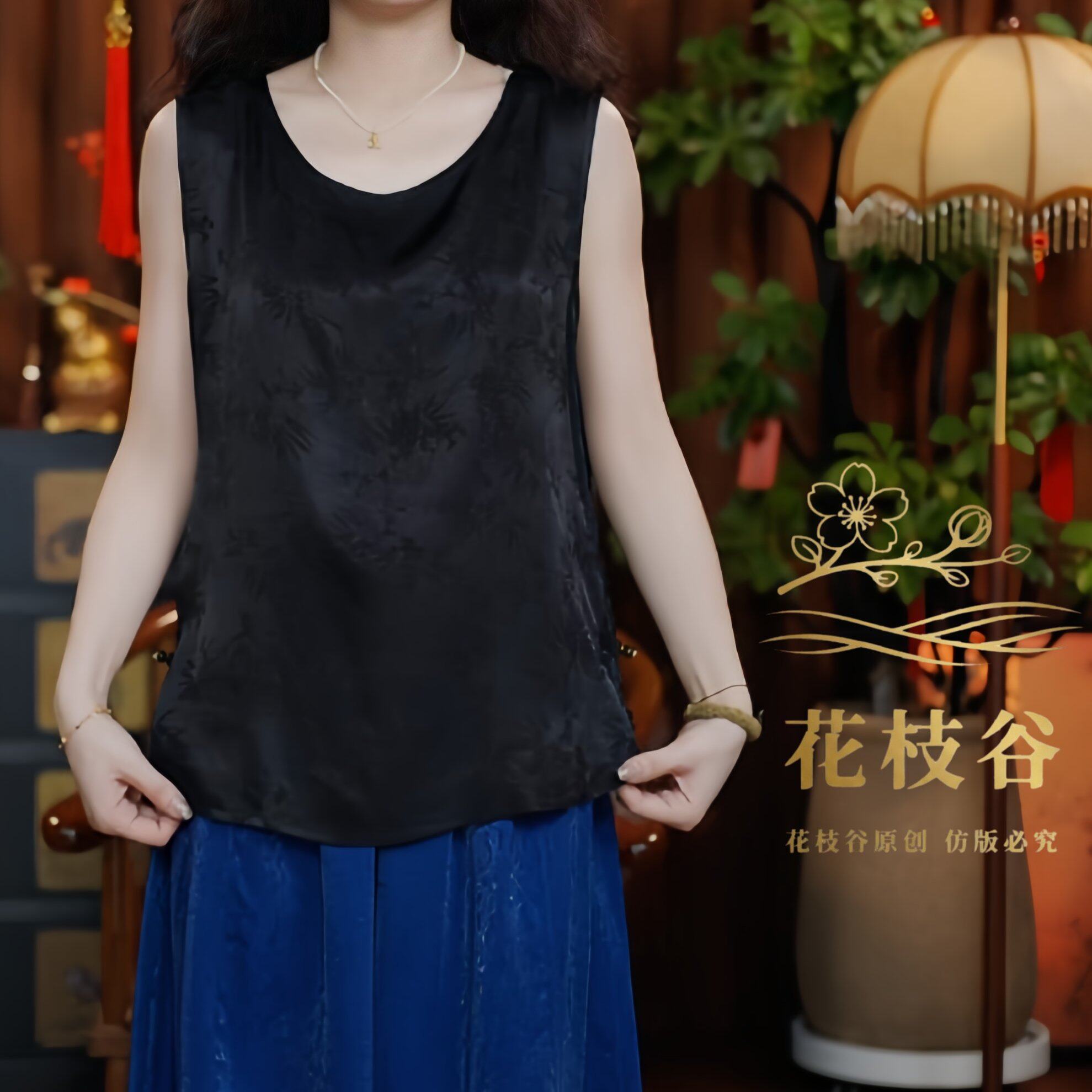 云亭漫雨（黑色）202老料提花女装无袖圆领背心马夹马甲上衣