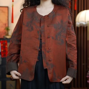夏夜听雨（桔红色）2026圆领老料女装新款提花双面双穿开衫外套