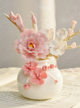 陶瓷花瓶手工花加梅花枝套组精美摆件茶台客厅装饰花香薰装饰