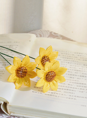 黄色陶瓷花瓶手工捏花传统陶瓷向日葵花瓶摆件插花家居花枝摆件