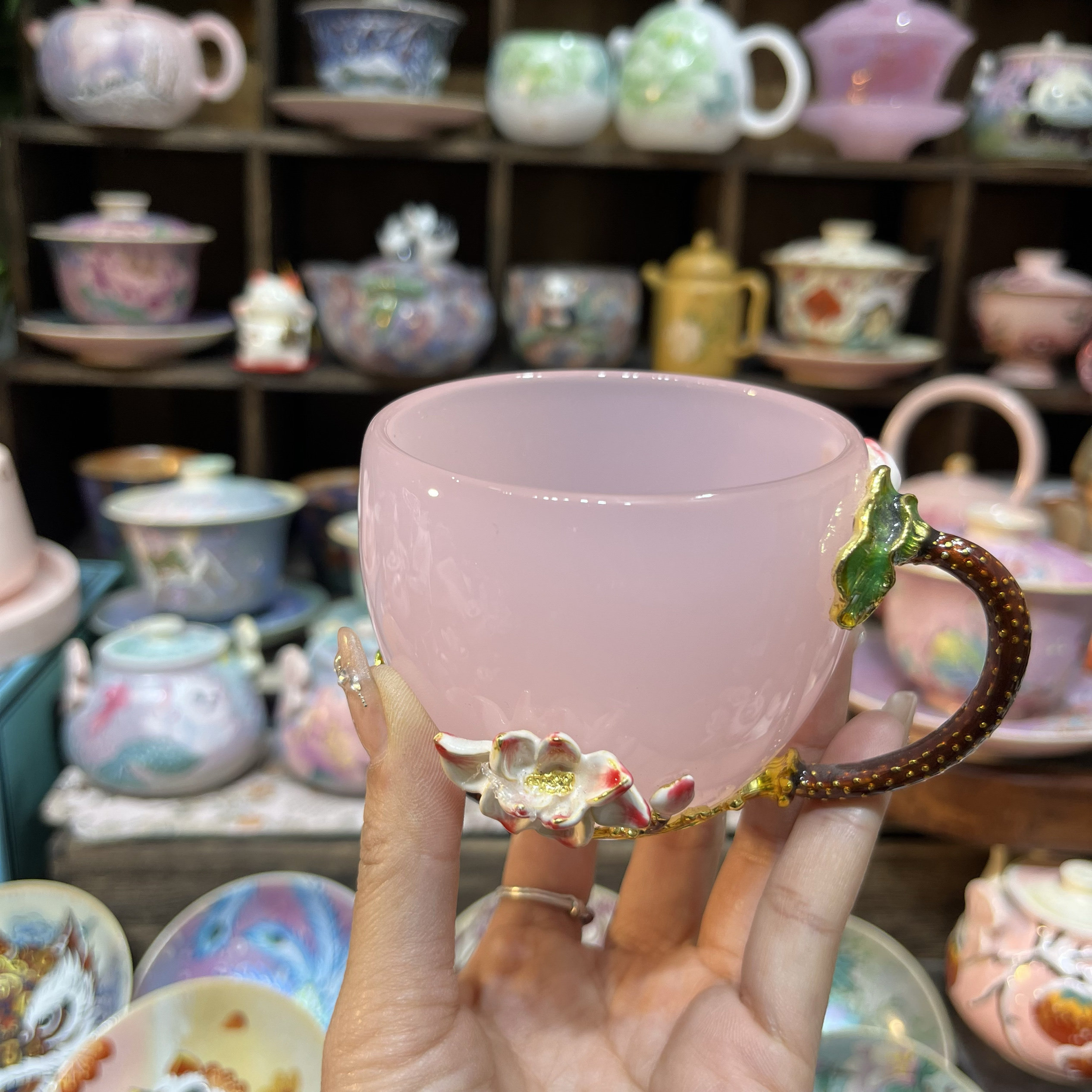 冰种荷花粉玉琉璃咖啡杯150毫升主人杯喝茶高档古法轻奢送礼图片