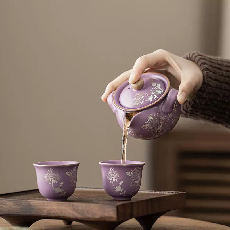 仿宋汝窑丁香紫牡丹手抓壶高档泡茶壶开片可养功夫茶具泡茶器