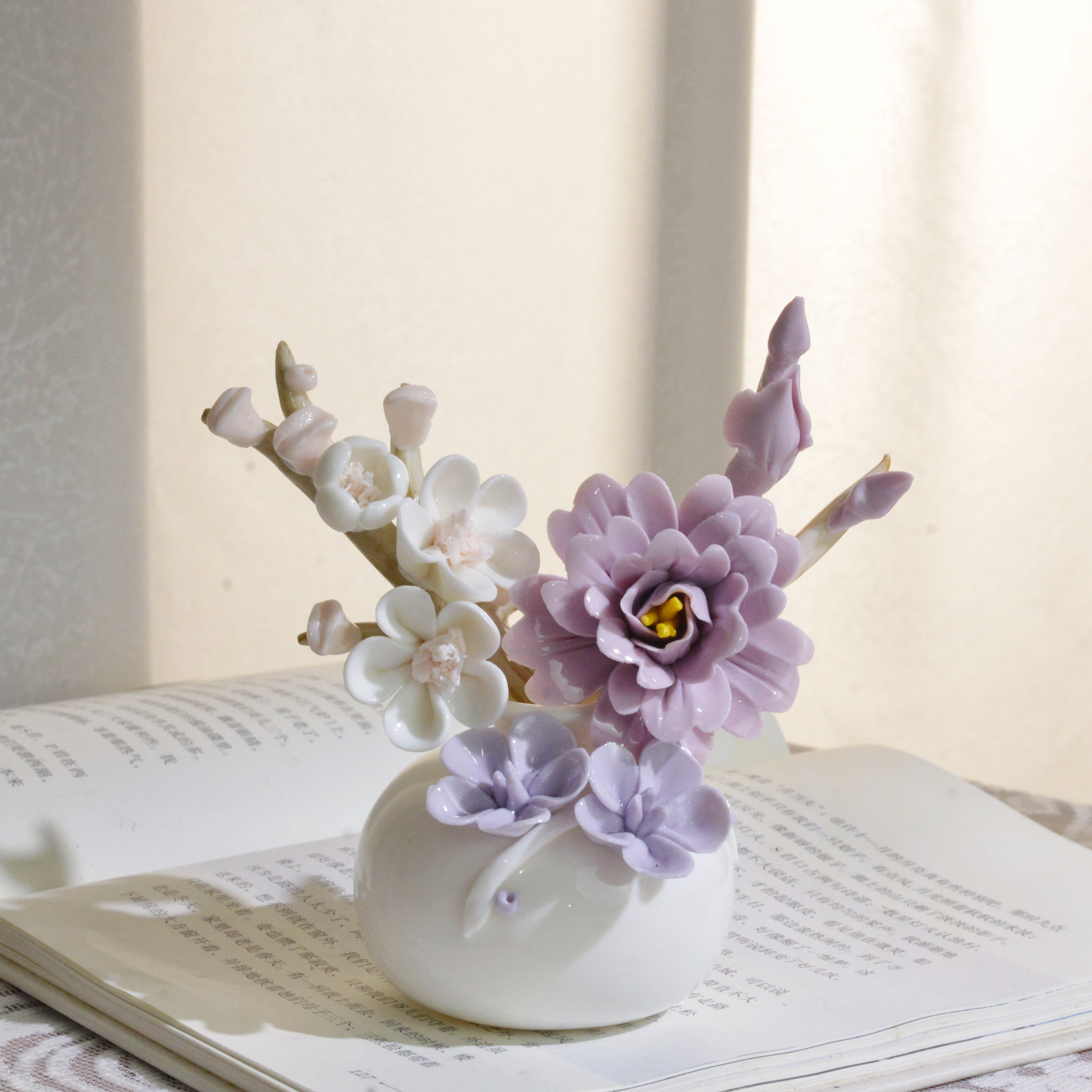 新款手工陶瓷紫色牡丹梅花花套组瓷摆件送礼家居卧室装饰品花瓶