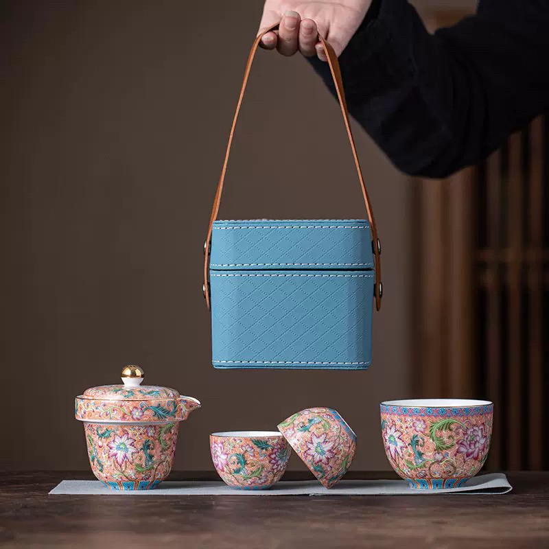 珐琅彩便携式旅行茶具套装随身户外露营旅游快客杯泡茶壶茶杯定制
