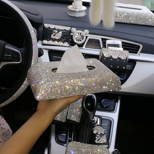 ダイヤモンド付きティッシュボックスセット 車用 女性用 クリエイティブダイヤモンドがちりばめられた車の紙箱 ラインストーン装飾品 車用インテリアアクセサリー