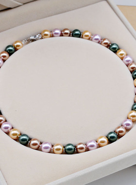 白金黑混彩正圆百搭款珍珠项链