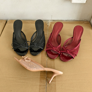 拖 优雅性感显白凉鞋 7CM圆头露趾网纱镂空水钻拖鞋 出口欧美单夏款