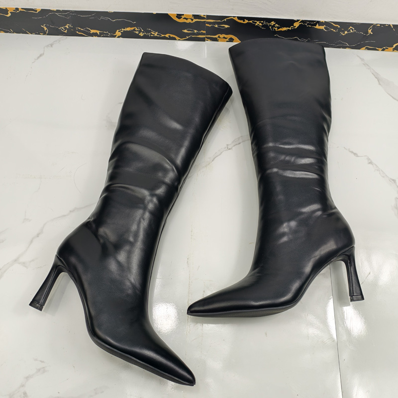 黑色皮面弹力靴尖头侧拉链细跟