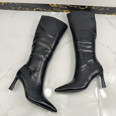 黑色皮面弹力靴尖头侧拉链细跟