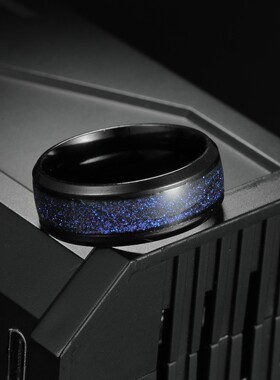时尚钛钢欧美男士不锈钢戒指复古8MM指环蓝色星空戒指星辰手饰品