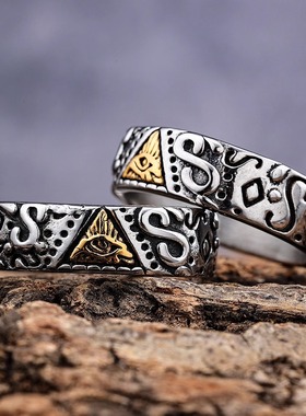 欧美风荷鲁斯之眼间金色钛钢指环高级感细款共济标志嘻哈潮戒指