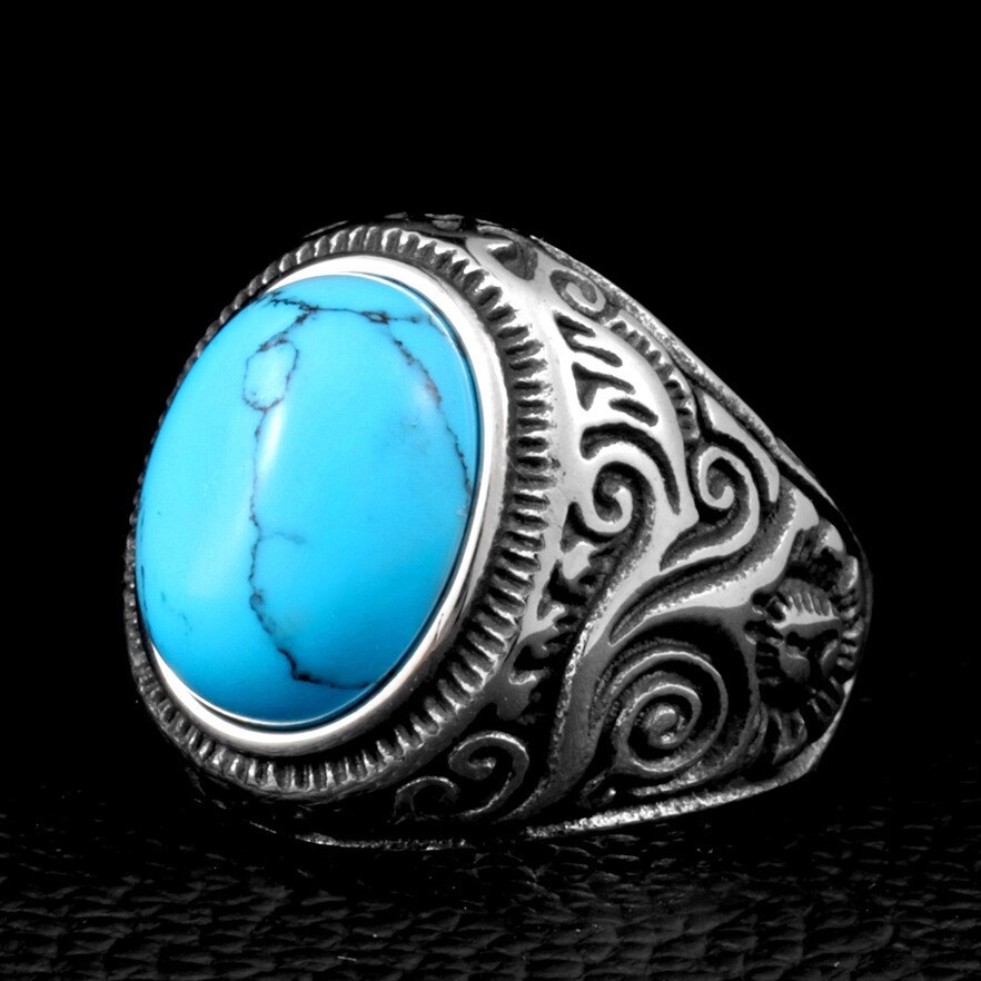 时尚饰品蓝松石钛钢轻奢戒指 复古典雅风格雕花镶石潮指环不掉色