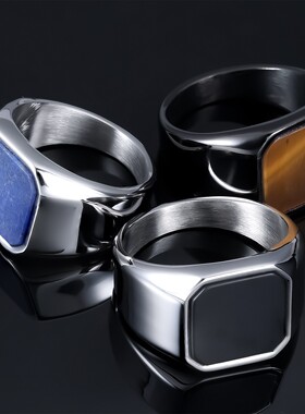 几何时尚方形黑色锆石蓝色砂石戒指高级感轻奢时尚简约钛钢首饰品