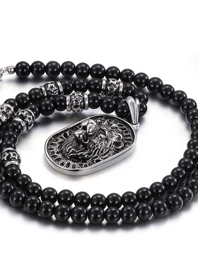 霸气欧美饰品钛钢夸张狮子王吊坠民族风串珠男女款长款项链毛衣链