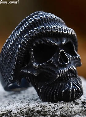 朋克风大胡子老人霸气个性戒指高级感新款骷髅头帽子嘻哈钛钢指环