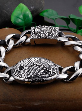 霸气机车风宽版时尚欧美时尚复古十字架镶锆石弯牌钛钢男款手链