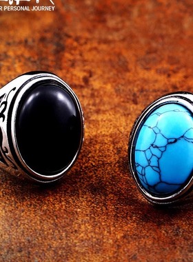 轻奢欧美复古镶松石不锈钢戒指男士个性雕花镶宝石钛钢高级感指环