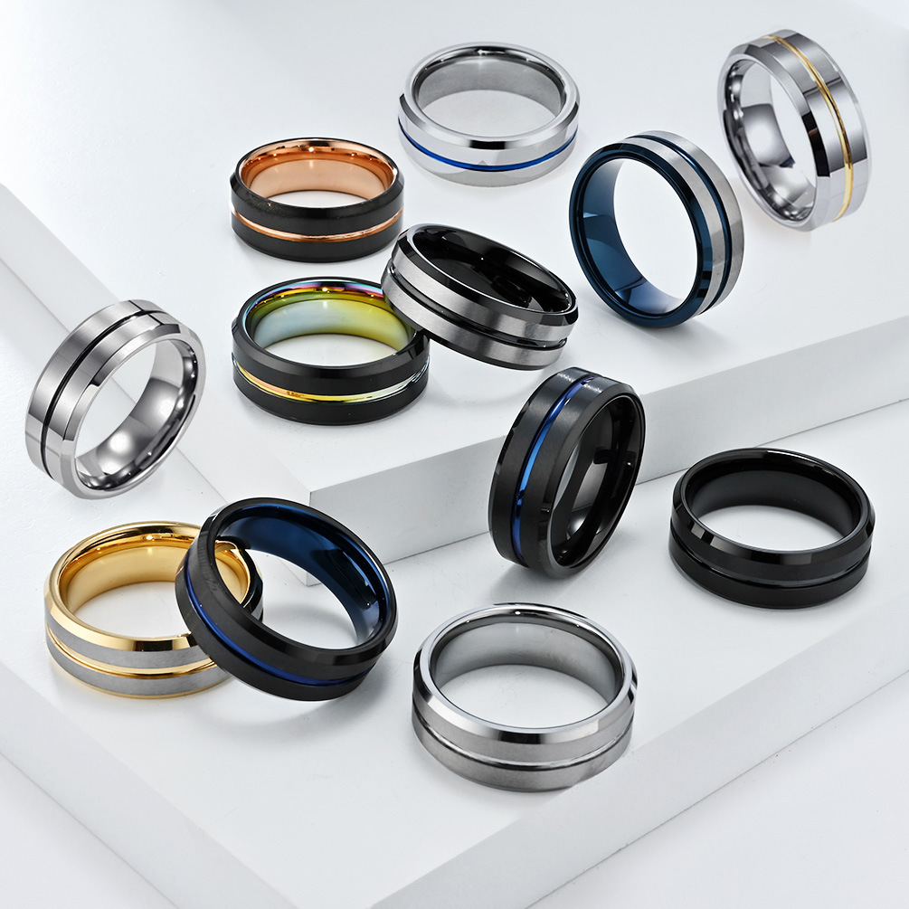时尚简约宽8毫米开槽钨钢戒指士时尚轻奢个性双色钨金防刮蹭饰品