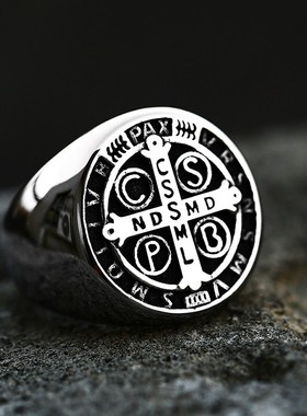 本尼迪克十字架复古印章复古做旧男士戒指欧美抛光高级感个性饰品