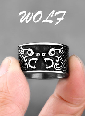 维京双狼头钛钢戒指欧美嘻哈潮流