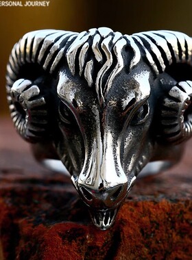 朋克国潮复古生肖羊头戒指时尚钛钢羊角骷髅指环高级感个性手饰品