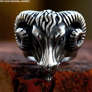 朋克国潮复古生肖羊头戒指时尚钛钢羊角骷髅指环高级感个性手饰品
