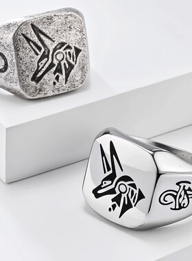 复古阿努比斯守护神钛钢戒指古埃及死神胡狼潮人方形不掉色扳指环