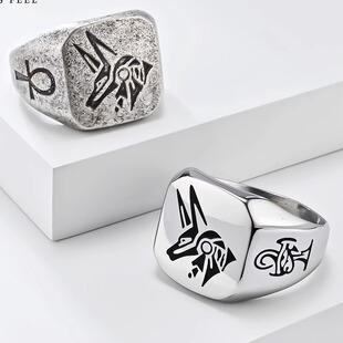 复古阿努比斯守护神钛钢戒指古埃及死神胡狼潮人方形不掉色扳指环