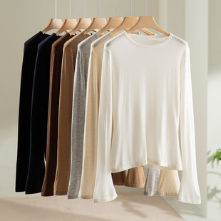 精纺16针可机洗80支羊绒真丝混纺套头圆领针织衫打底后中线喇叭袖