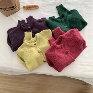 厚实保暖木扣圆领羊毛毛衣外套女秋冬柔软亲肤小个子针织开衫上衣