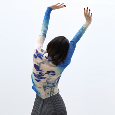 长袖小众设计薄印花褶皱聚酯纤维