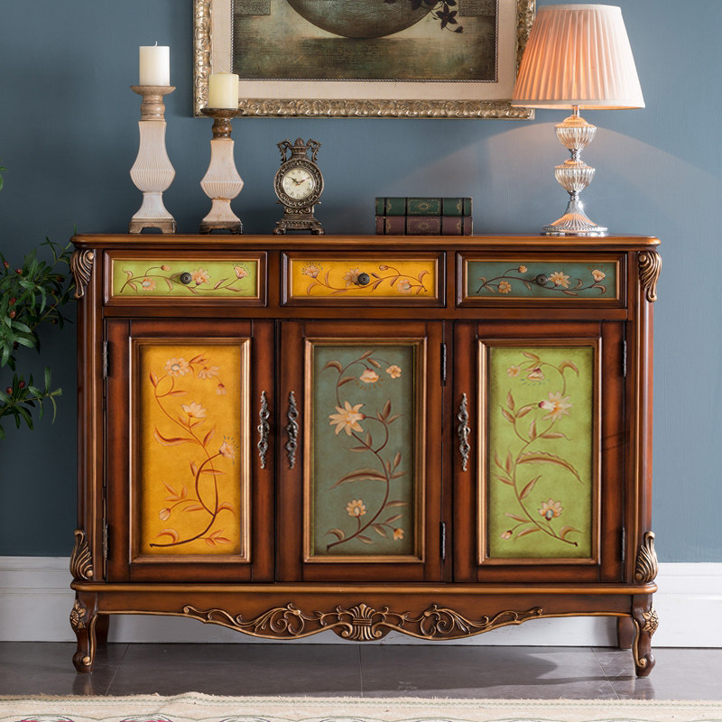 欧式实木鞋柜家用入户进门玄关柜美式彩绘储物柜子阳台边柜走廊柜