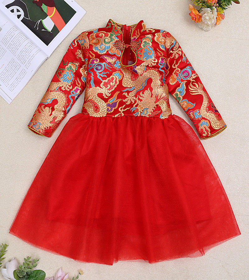 古筝演出服中式红色长袖女童旗袍
