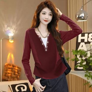 秋冬装新款修身显瘦洋气减龄镶钻上衣钉珠假两件长袖打底衫t恤女