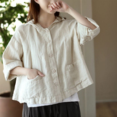 开衫 春秋季 休闲上衣连帽宽松 棉麻长袖 衬衫 新款 复古文艺女纯色短款