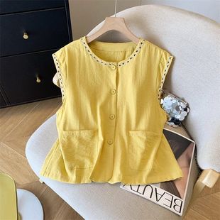 单排扣衬衫 高级感独特漂亮无袖 女刺绣外穿棉麻背心女气质 新款 夏季