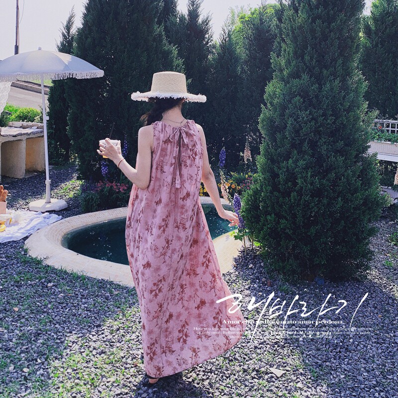 【现货】粉黛花序气质系带度假背心裙8126-P115-K168,女装连衣裙,2C137