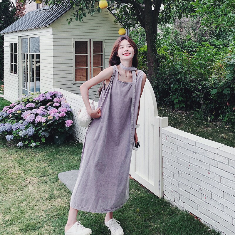 紫色牛仔无袖背心连衣裙女2025夏季新款显瘦独特绝美感高级感长裙图片