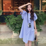 学院风韩系减龄蓝色条纹连衣裙女夏不规则设计感小众大方得体休闲，女装连衣裙，2C137