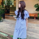 法式甜美不规则条纹连衣裙女2025夏季新款韩版收腰显瘦气质中长裙，女装连衣裙，2C137