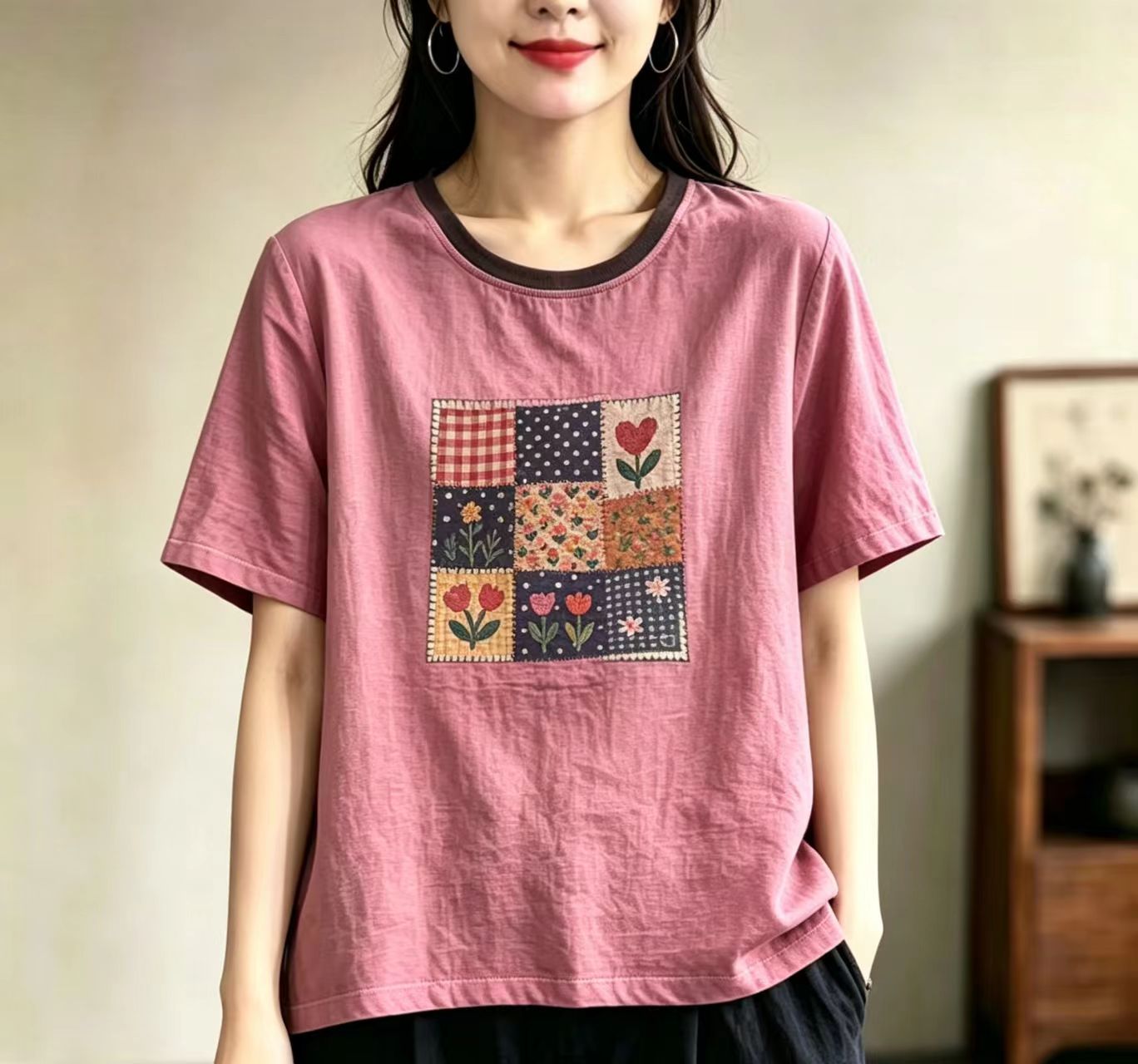 2026夏季新款双层纱美式复古民族风绣花短袖T恤女宽松百搭上衣女