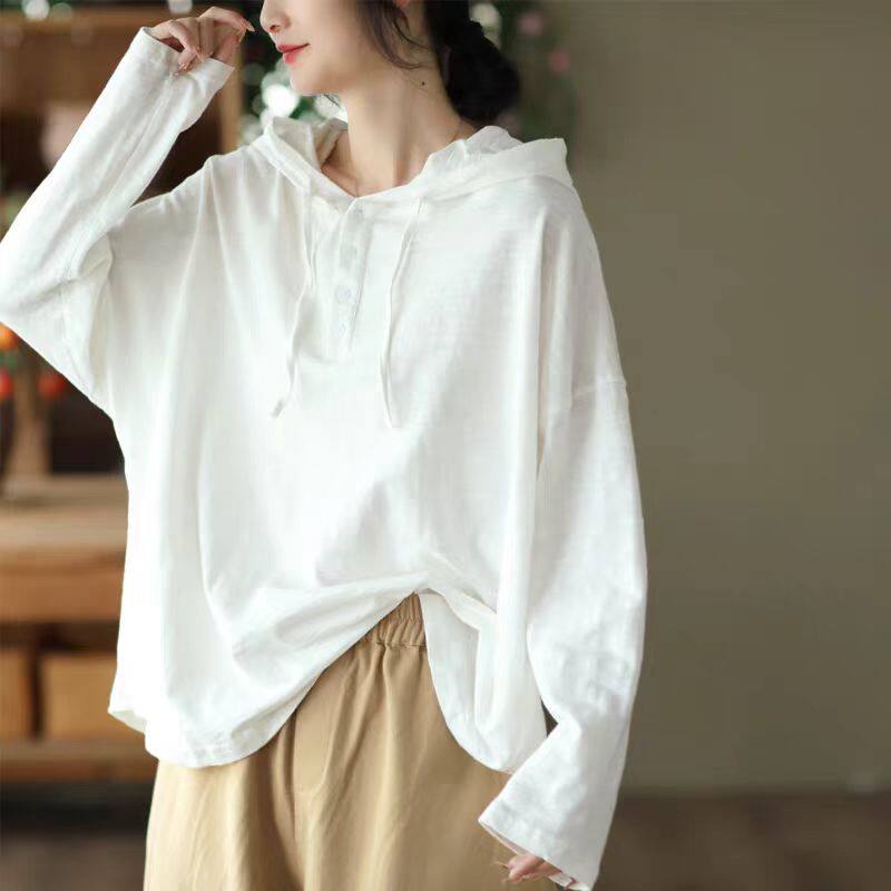 纯色纯棉麻棉棉t恤女长袖连帽2026春装新款宽松大板遮肉套头扣子