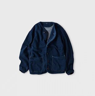 45R日系春秋款纯棉毛圈六粒扣定染蓝色单排扣开衫上衣外套百搭女