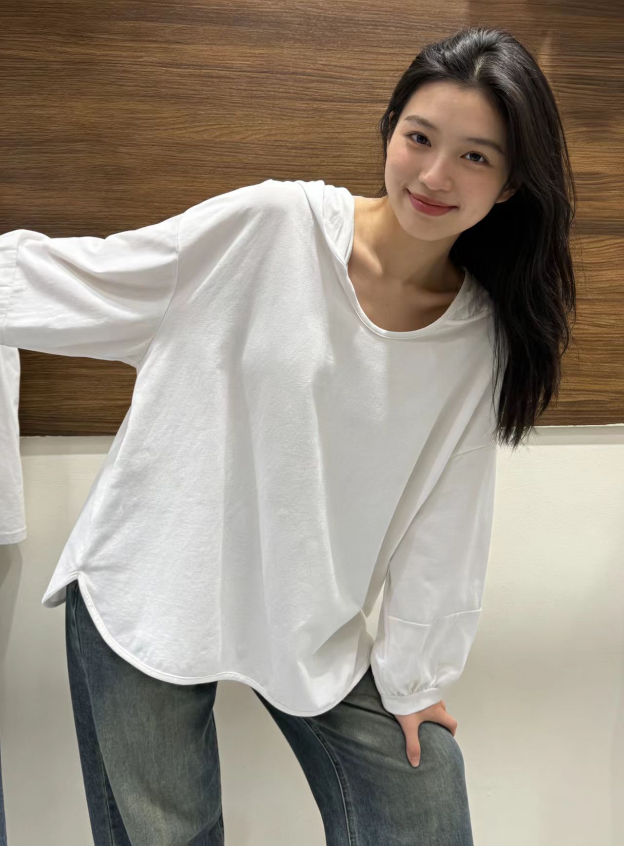2026新款宽松纯棉白色九分袖灯笼打底衫女开叉中长款大码t恤上衣