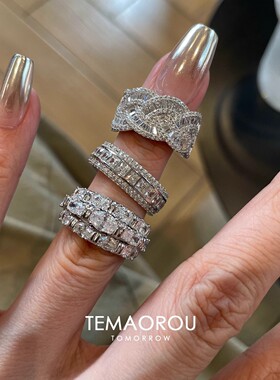 不撞款vintage叠戴华丽重工排钻戒指爆闪老钱风食指戒高级感贵气