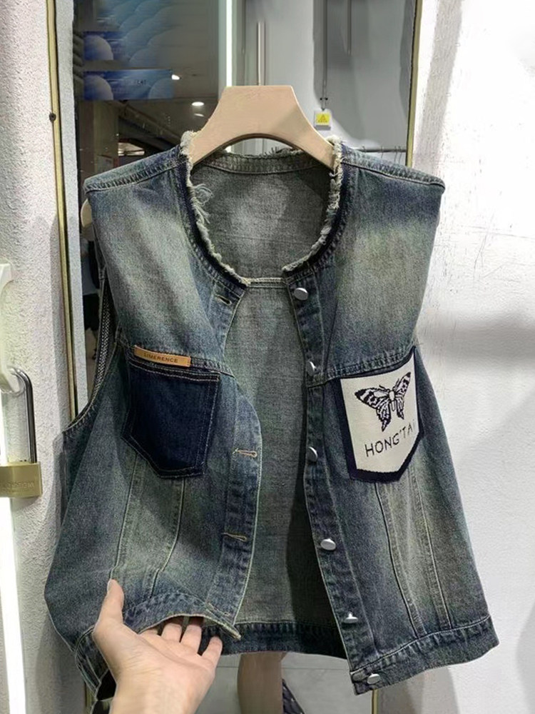 欧洲站牛仔马甲背心女春秋新款宽松显瘦无袖坎肩马夹短款外套上衣